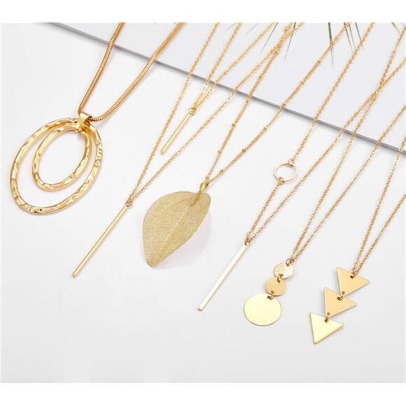 Women 6 PCS Long Pendant Necklace for Women Gold Bar Circle Leaf Triangle Set - Picture 6 of 6